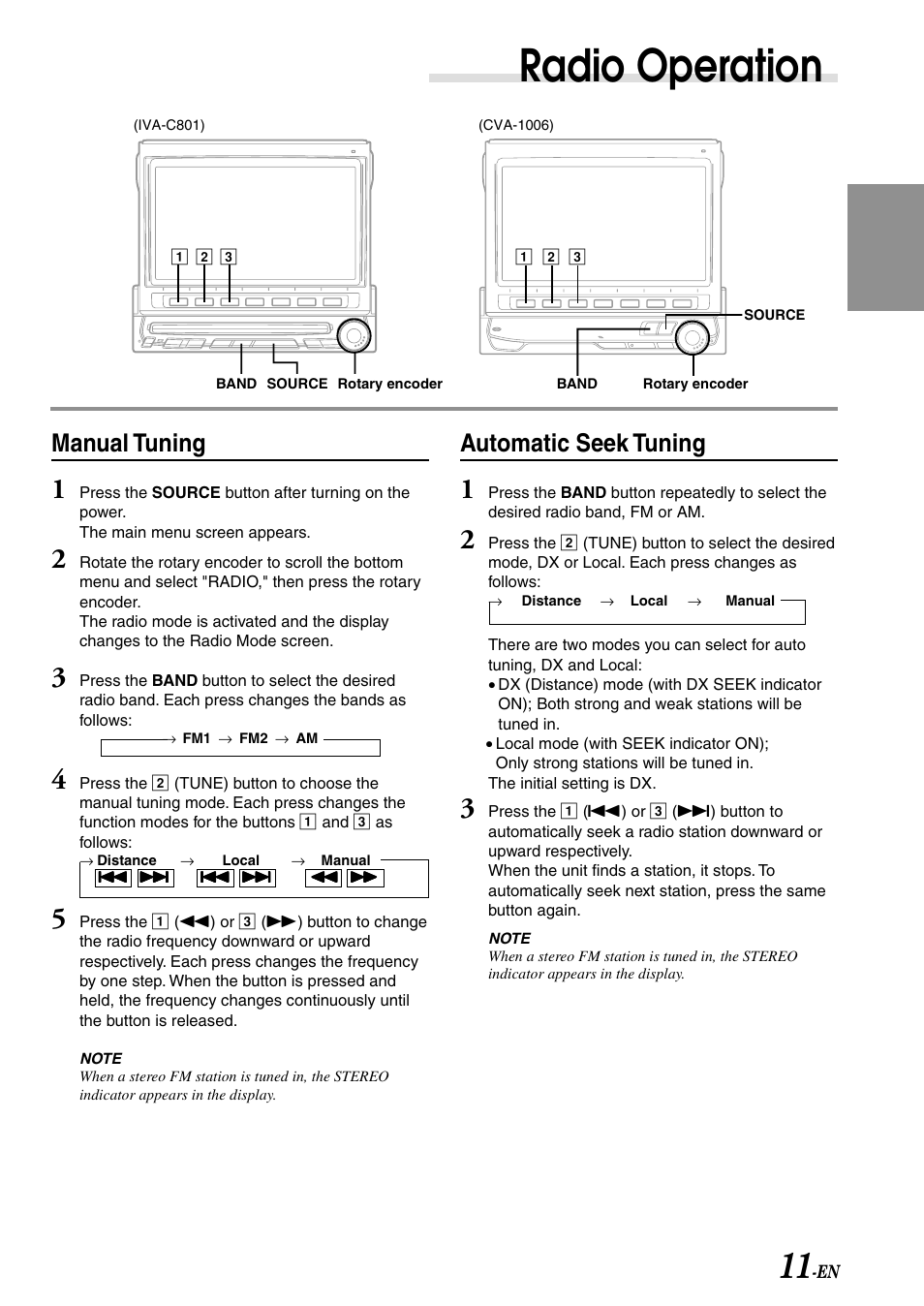 Radio operation, Automatic seek tuning, Manual tuning | Alpine IVA-C801 User Manual | Page 13 / 68