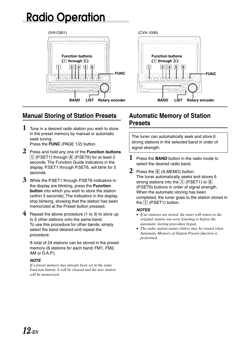 Radio operation, Manual storing of station presets | Alpine IVA-C801 User Manual | Page 14 / 68