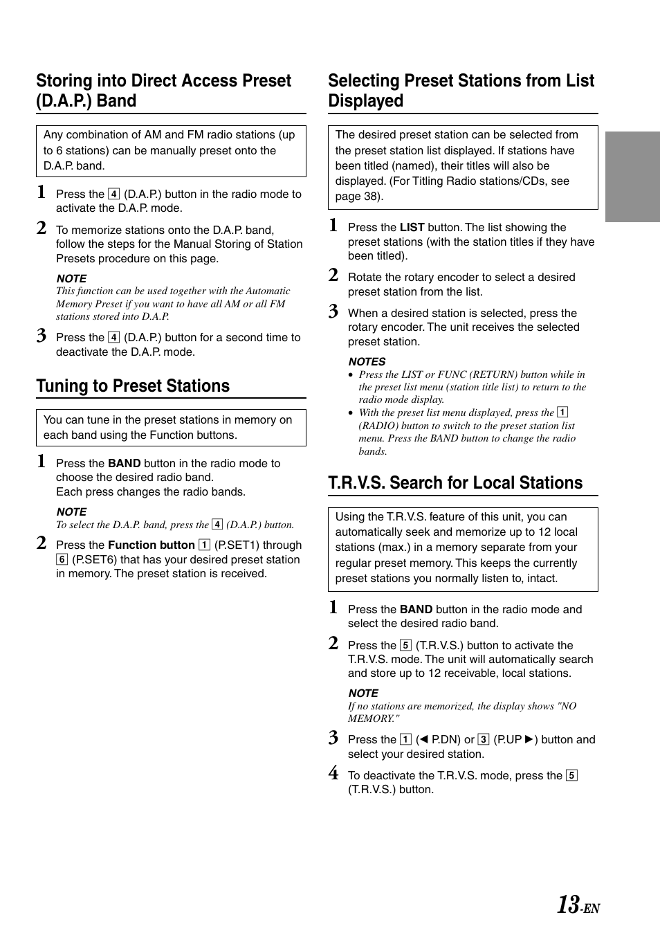 Selecting preset stations from list displayed, T.r.v.s. search for local stations, Storing into direct access preset (d.a.p.) band | Tuning to preset stations | Alpine IVA-C801 User Manual | Page 15 / 68