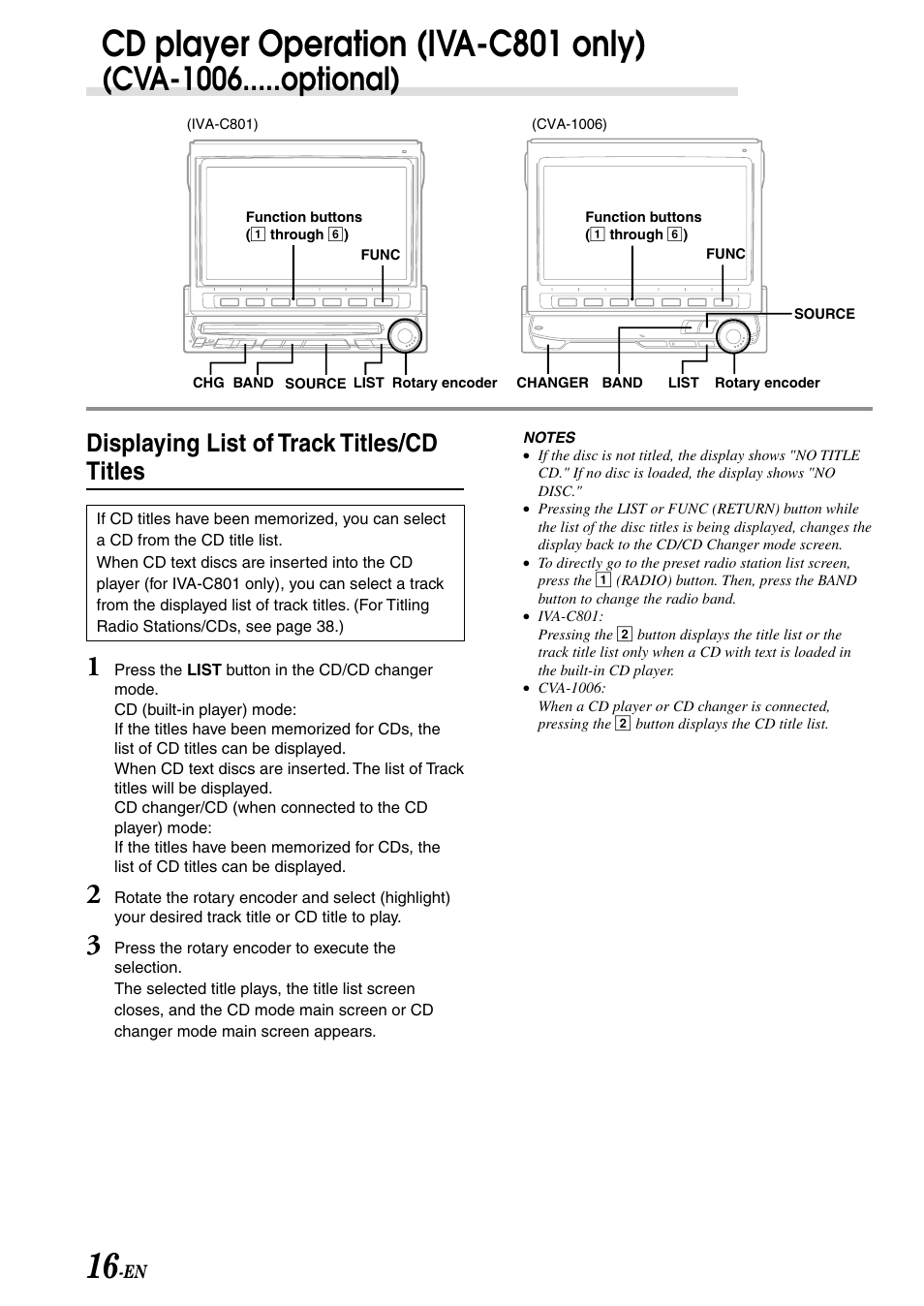 Cd player operation (iva-c801 only), Cva-1006.....optional), Displaying list of track titles/cd titles | Alpine IVA-C801 User Manual | Page 18 / 68