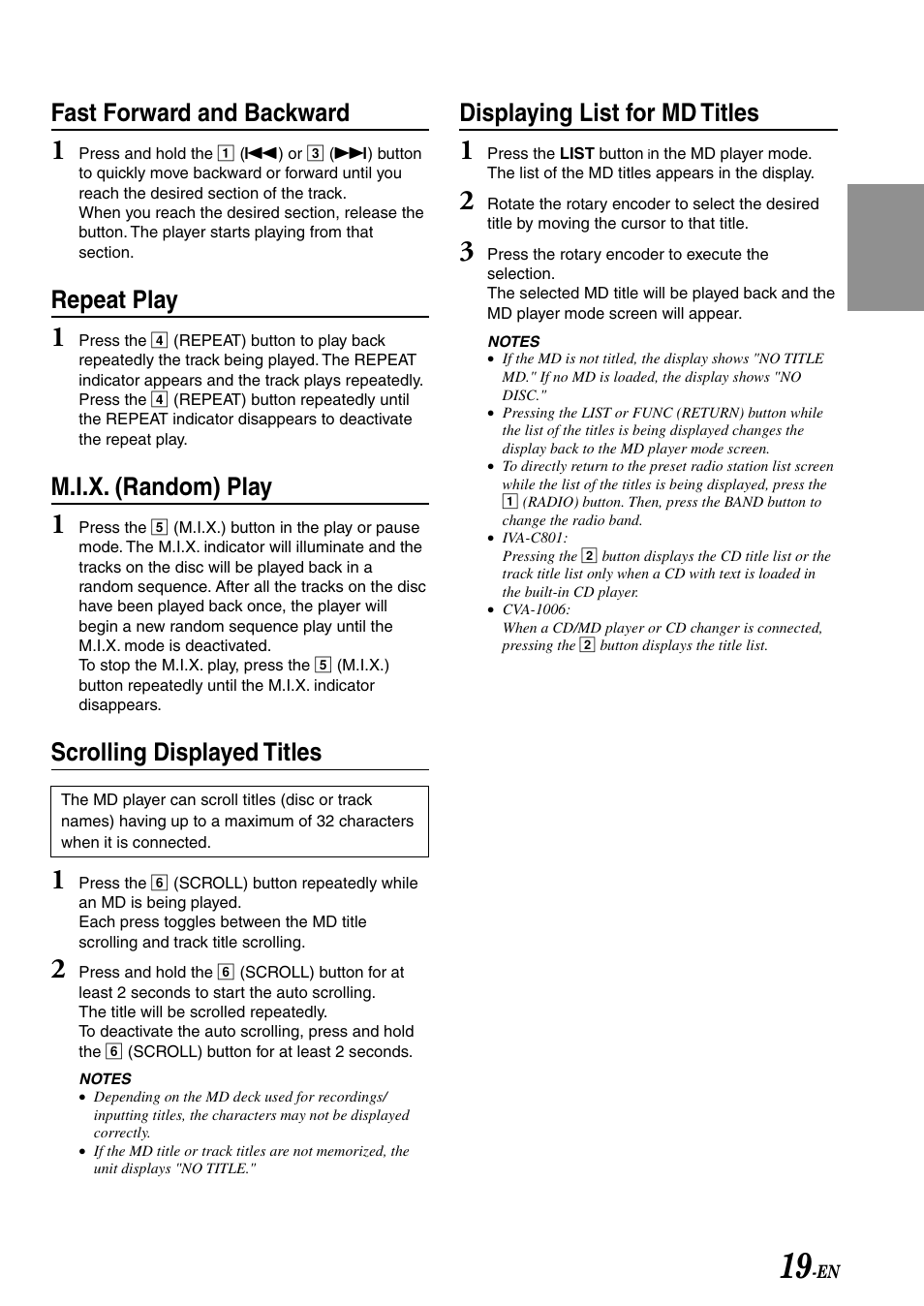 Fast forward and backward, Repeat play, M.i.x. (random) play | Scrolling displayed titles, Displaying list for md titles | Alpine IVA-C801 User Manual | Page 21 / 68