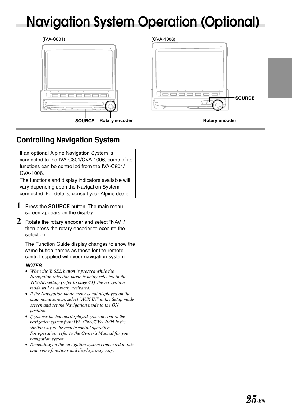 Navigation system operation (optional), Controlling navigation system | Alpine IVA-C801 User Manual | Page 27 / 68