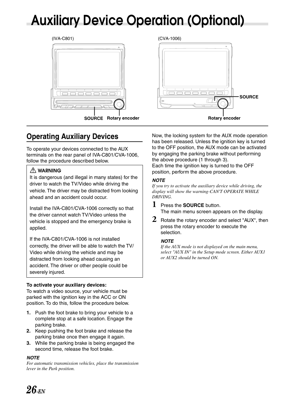 Auxiliary device operation (optional), Operating auxiliary devices | Alpine IVA-C801 User Manual | Page 28 / 68