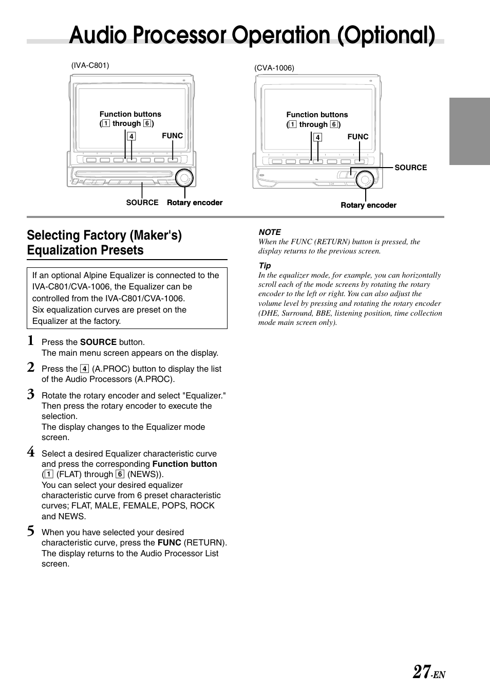 Audio processor operation (optional), Selecting factory (maker's) equalization presets | Alpine IVA-C801 User Manual | Page 29 / 68