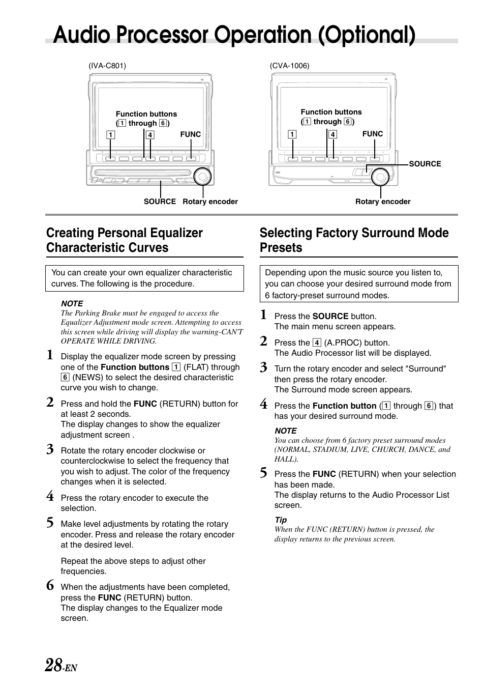 Audio processor operation (optional), Creating personal equalizer characteristic curves, Selecting factory surround mode presets | Alpine IVA-C801 User Manual | Page 30 / 68