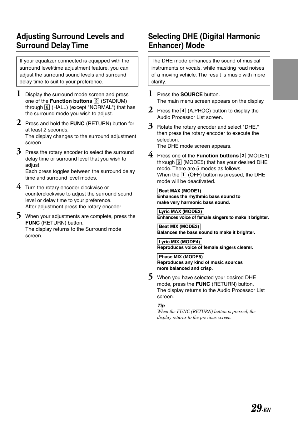 Adjusting surround levels and surround delay time, Selecting dhe (digital harmonic enhancer) mode | Alpine IVA-C801 User Manual | Page 31 / 68