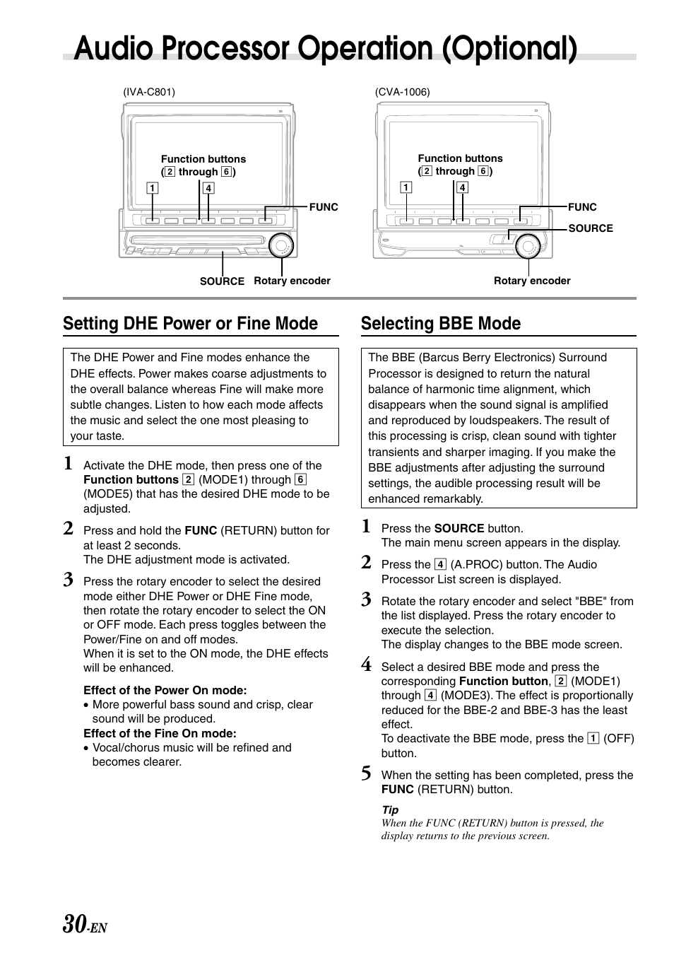 Audio processor operation (optional), Setting dhe power or fine mode, Selecting bbe mode | Alpine IVA-C801 User Manual | Page 32 / 68