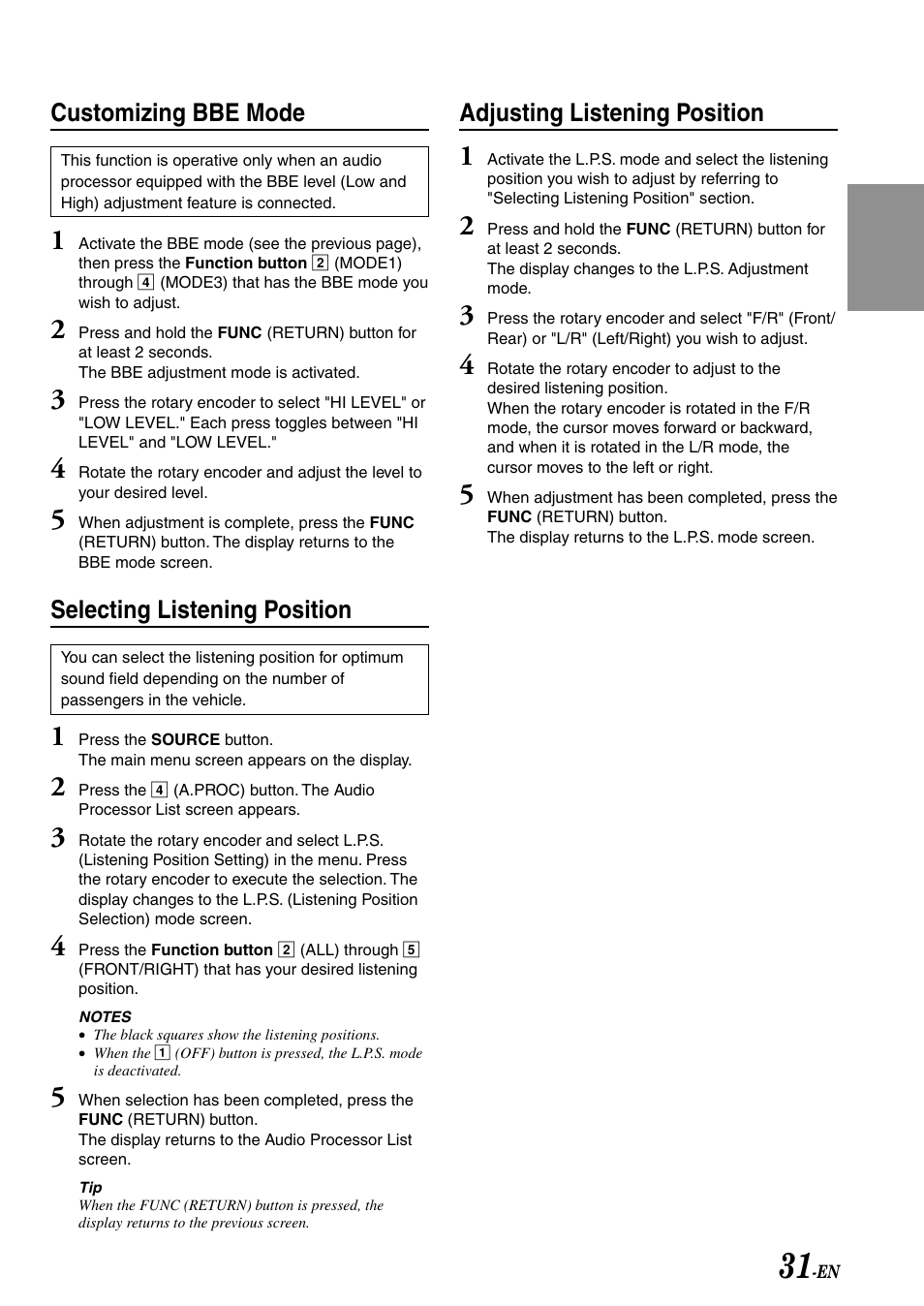 Customizing bbe mode, Selecting listening position, Adjusting listening position | Alpine IVA-C801 User Manual | Page 33 / 68
