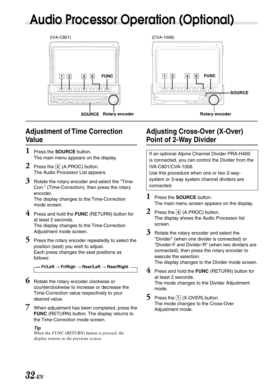 Audio processor operation (optional), Adjustment of time correction value | Alpine IVA-C801 User Manual | Page 34 / 68