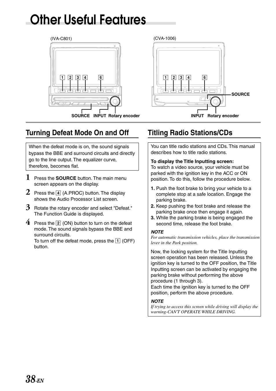 Other useful features, Turning defeat mode on and off, Titling radio stations/cds | Alpine IVA-C801 User Manual | Page 40 / 68