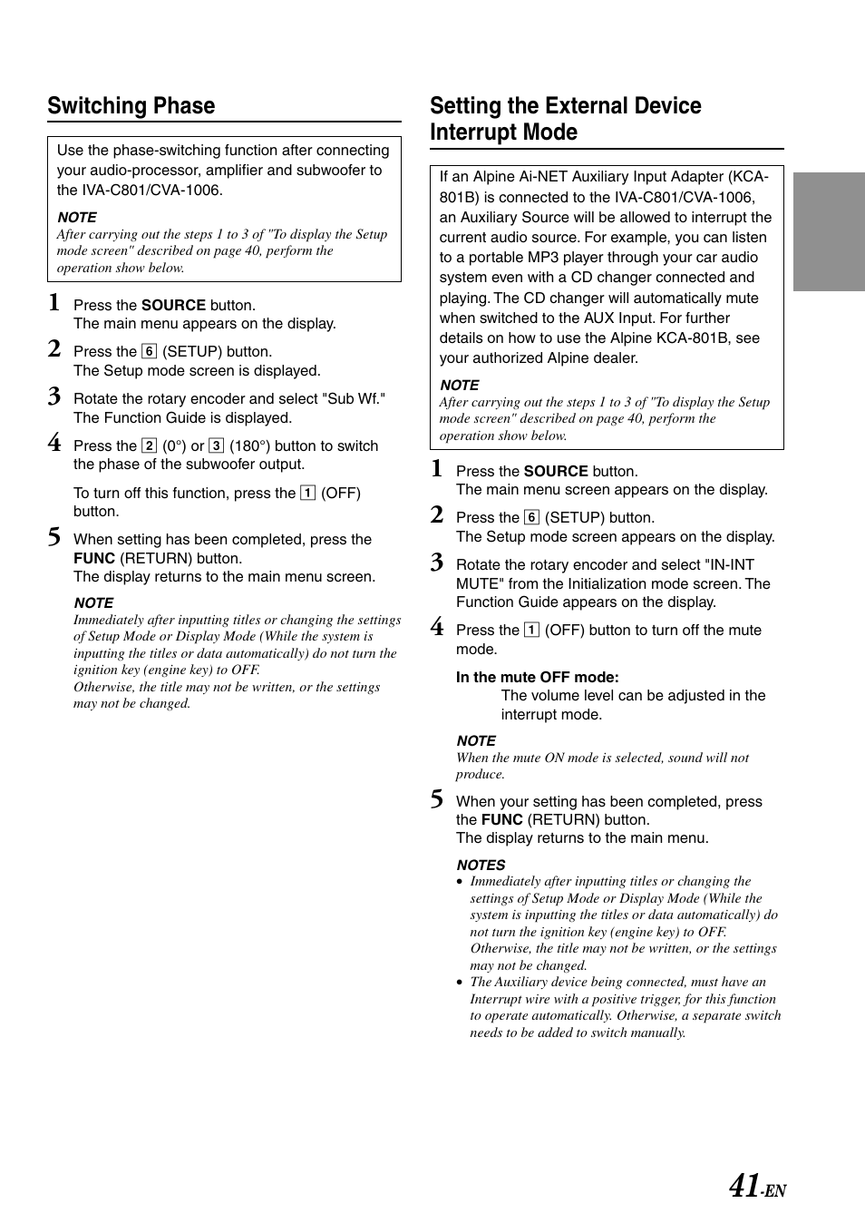 Switching phase, Setting the external device interrupt mode | Alpine IVA-C801 User Manual | Page 43 / 68