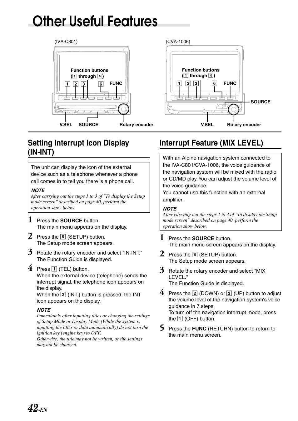 Other useful features, Setting interrupt icon display (in-int), Interrupt feature (mix level) | Alpine IVA-C801 User Manual | Page 44 / 68