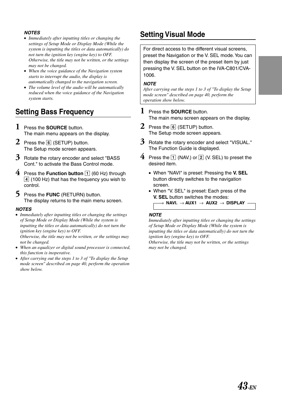 Setting visual mode, Setting bass frequency | Alpine IVA-C801 User Manual | Page 45 / 68