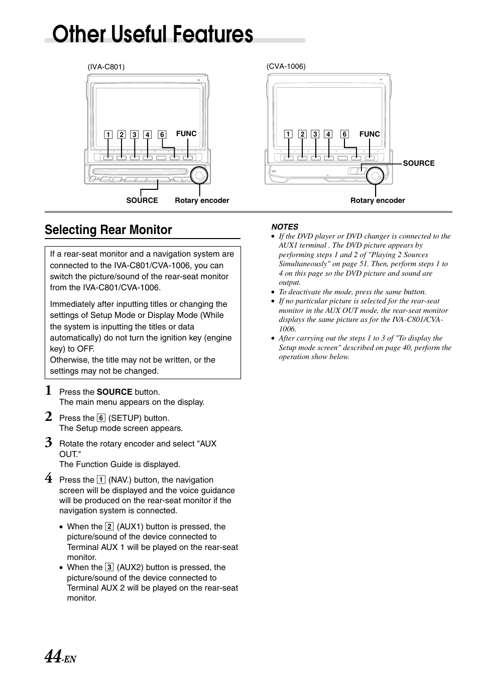 Other useful features, Selecting rear monitor | Alpine IVA-C801 User Manual | Page 46 / 68