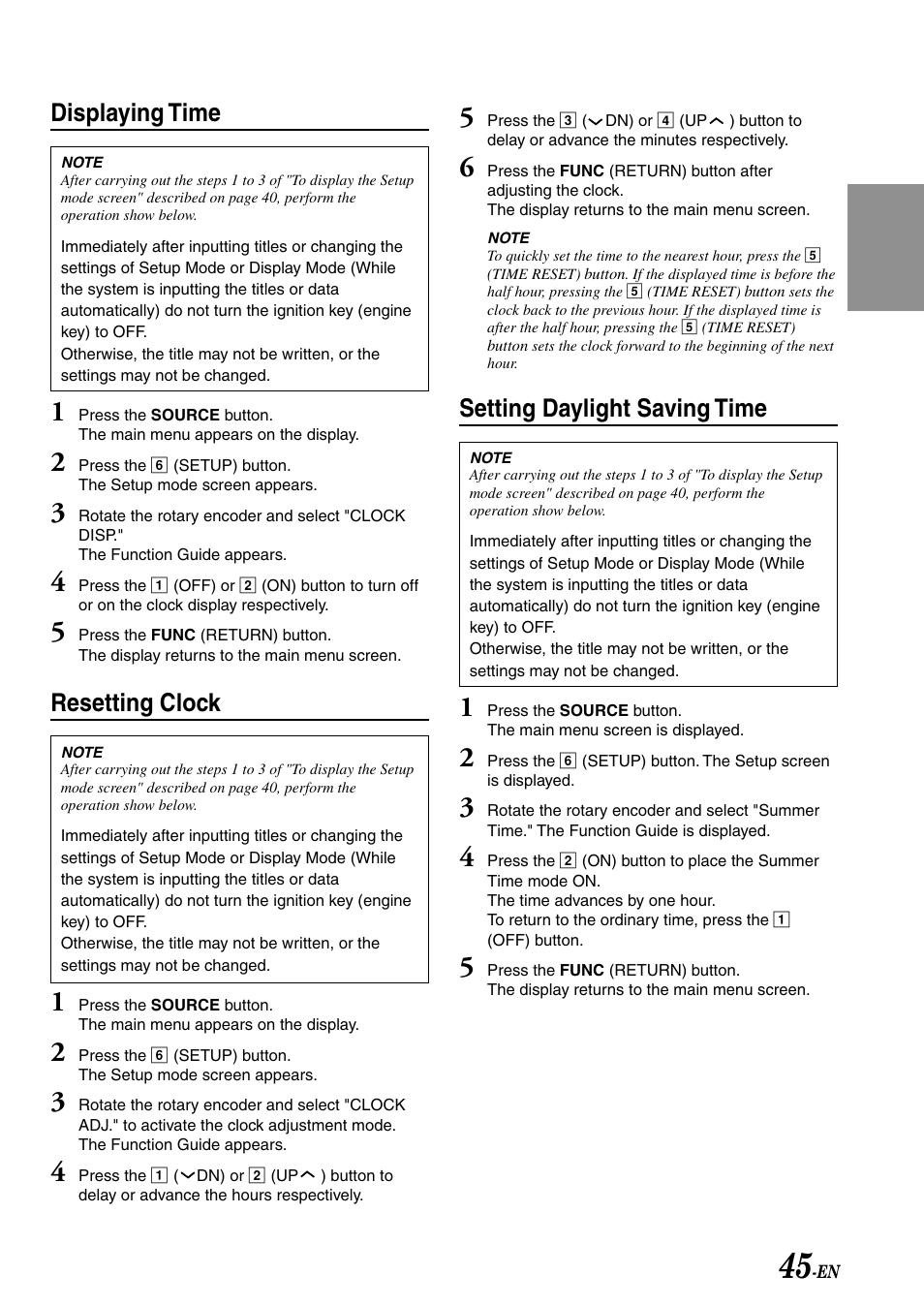 Displaying time, Resetting clock, Setting daylight saving time | Alpine IVA-C801 User Manual | Page 47 / 68