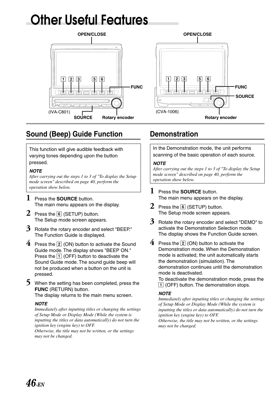 Other useful features, Sound (beep) guide function, Demonstration | Alpine IVA-C801 User Manual | Page 48 / 68