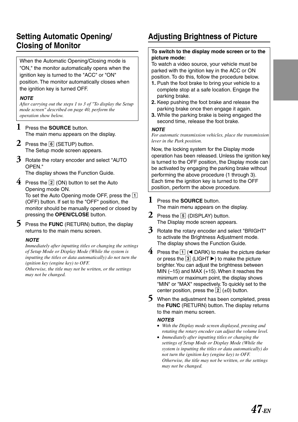 Setting automatic opening/ closing of monitor, Adjusting brightness of picture | Alpine IVA-C801 User Manual | Page 49 / 68