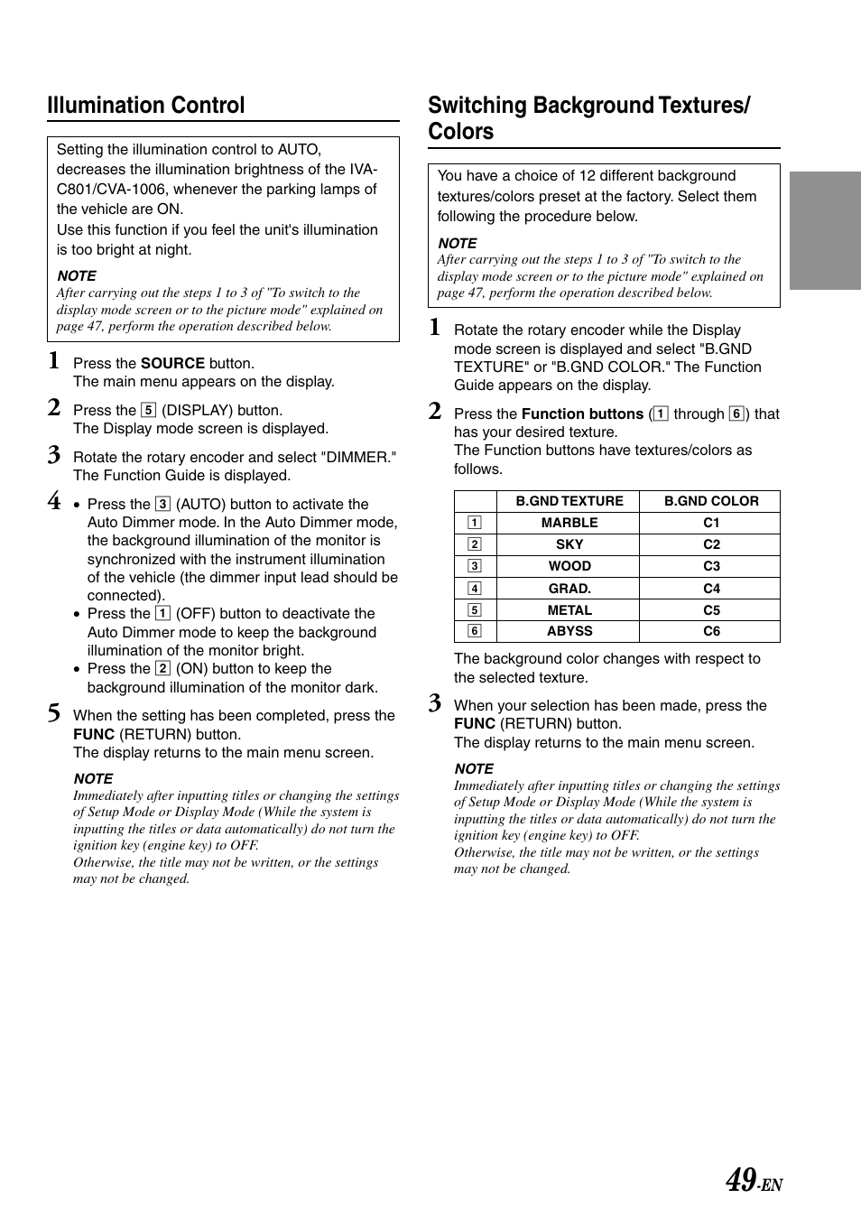 Illumination control, Switching background textures/ colors | Alpine IVA-C801 User Manual | Page 51 / 68