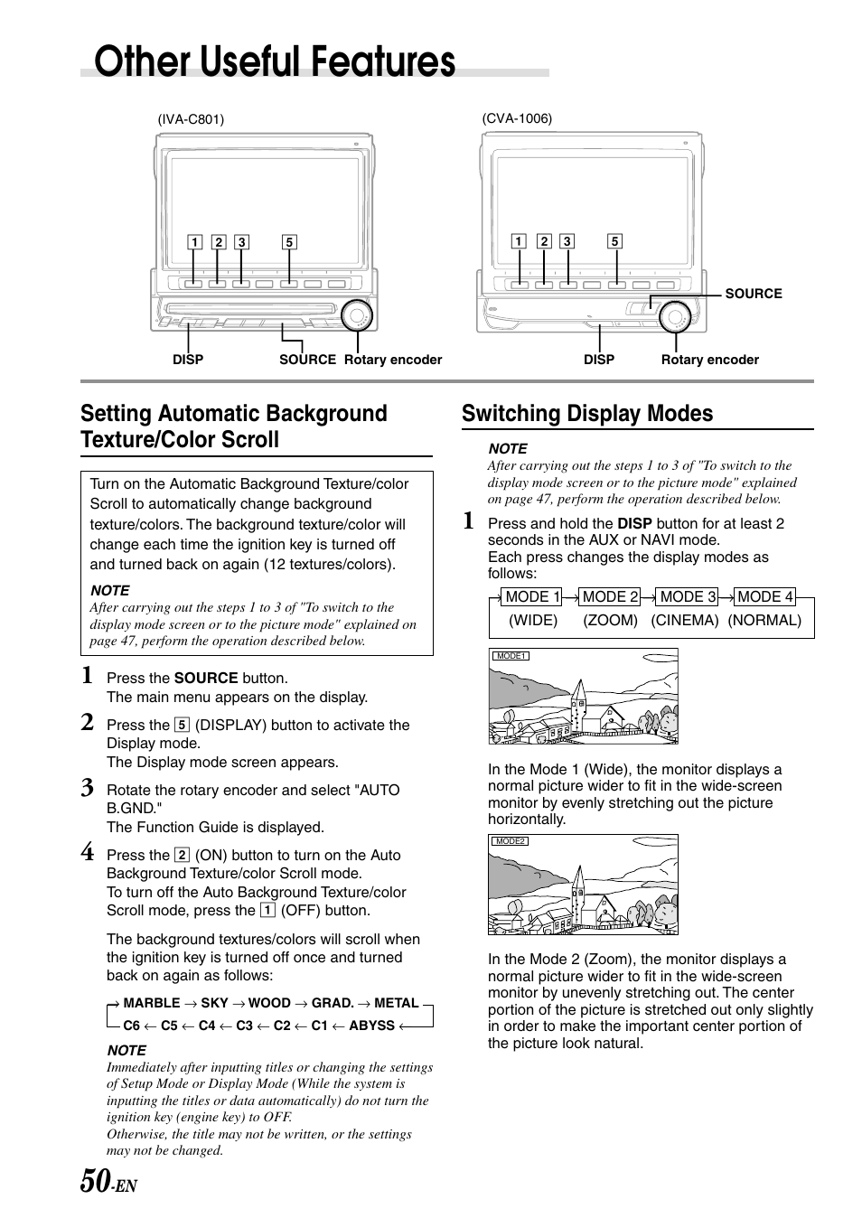 Other useful features, Setting automatic background texture/color scroll, Switching display modes | Alpine IVA-C801 User Manual | Page 52 / 68