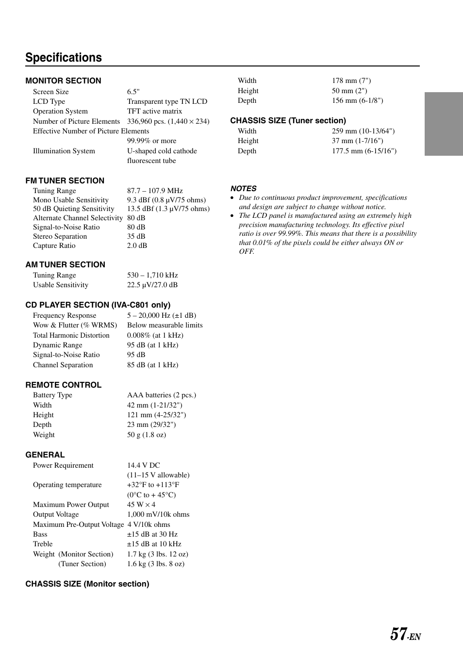 Specifications | Alpine IVA-C801 User Manual | Page 59 / 68