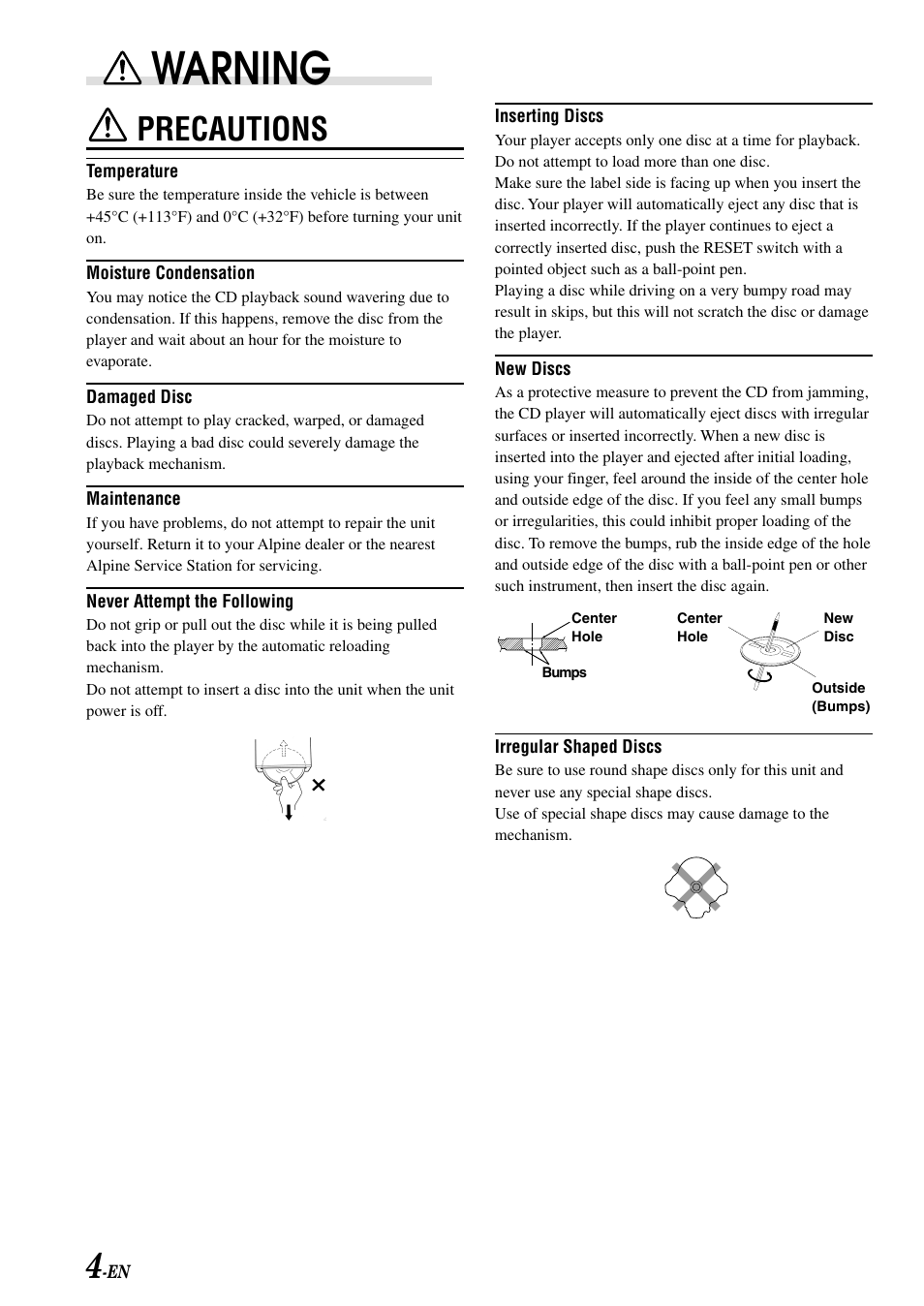 Warning, Precautions | Alpine IVA-C801 User Manual | Page 6 / 68