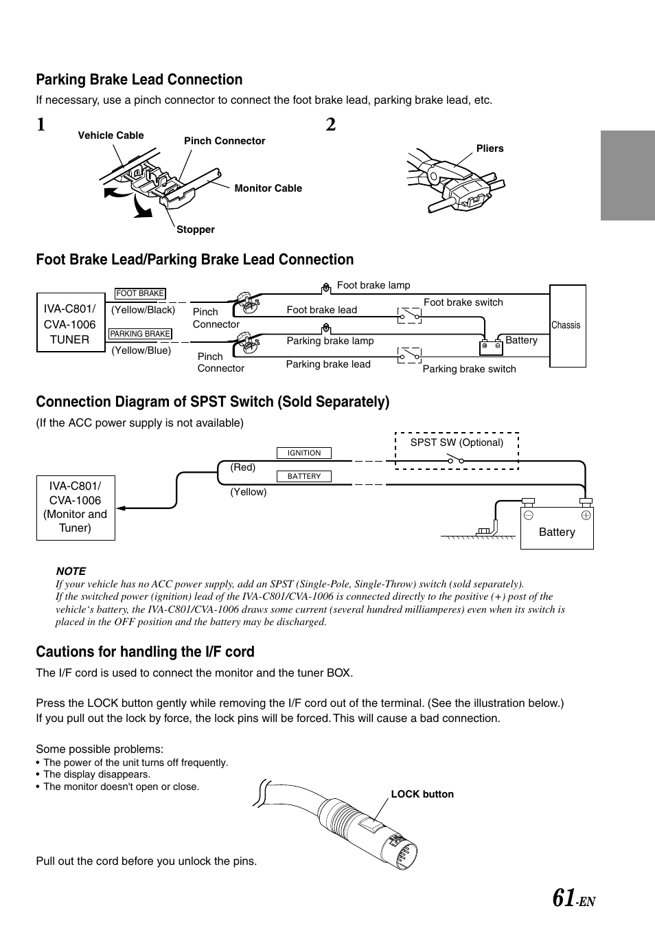 Parking brake lead connection, Cautions for handling the i/f cord, Foot brake lead/parking brake lead connection | Alpine IVA-C801 User Manual | Page 63 / 68