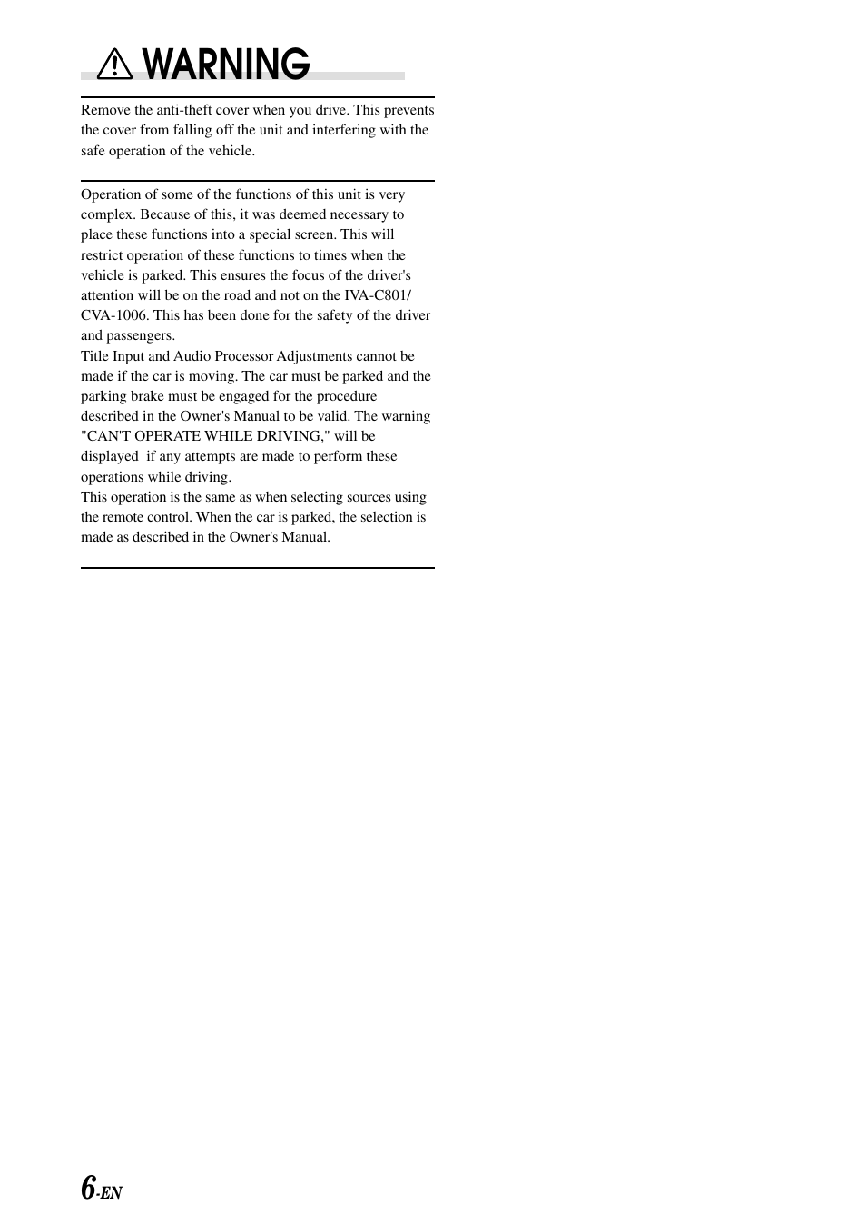 Warning | Alpine IVA-C801 User Manual | Page 8 / 68