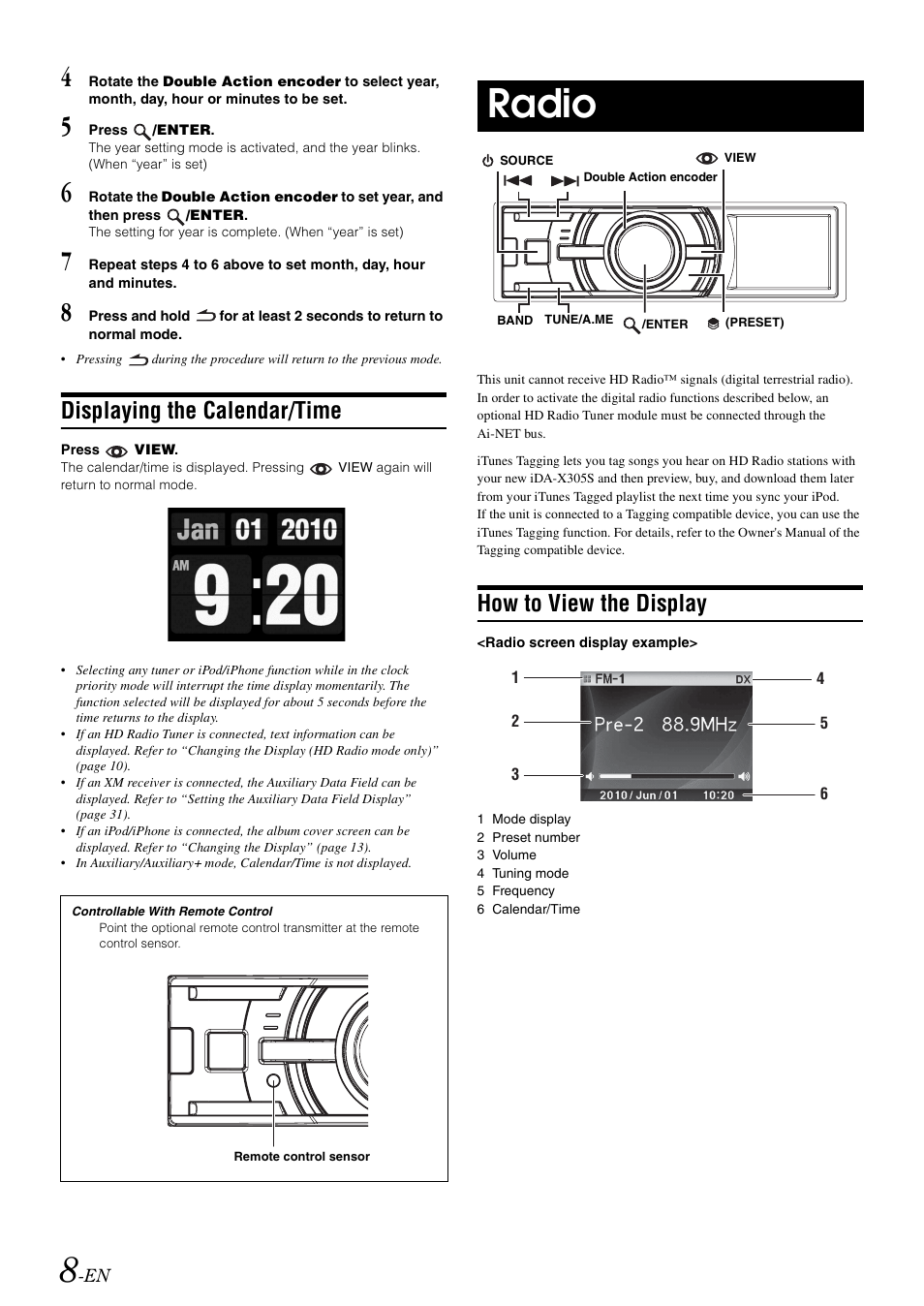Displaying the calendar/time, Radio, How to view the display | Alpine iDA-X305S User Manual | Page 10 / 50