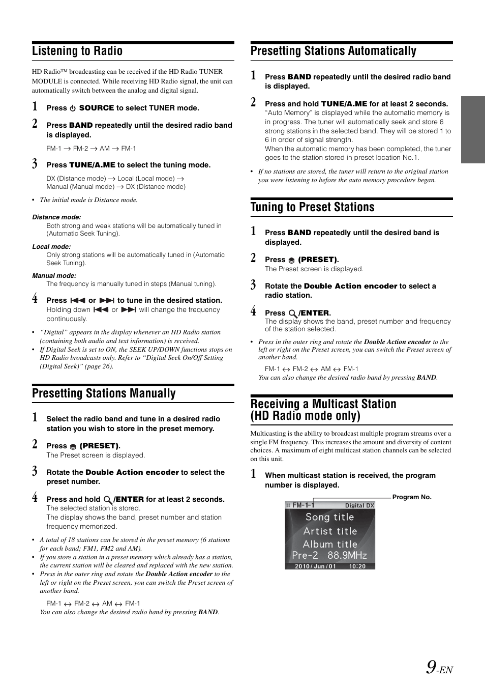 Listening to radio, Presetting stations manually, Presetting stations automatically | Tuning to preset stations, Receiving a multicast station (hd radio mode only), Receiving a multicast station, Hd radio mode only) | Alpine iDA-X305S User Manual | Page 11 / 50