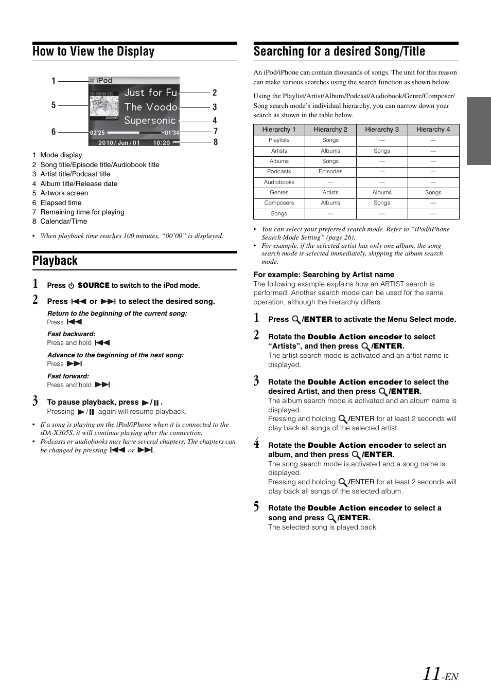 How to view the display, Playback, Searching for a desired song/title | Alpine iDA-X305S User Manual | Page 13 / 50