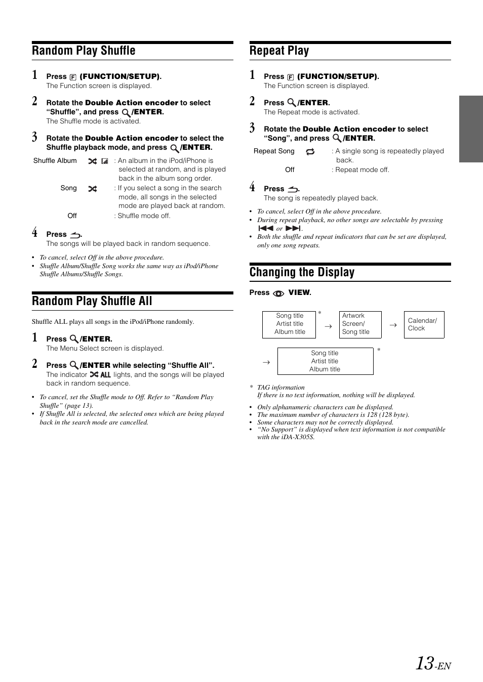 Random play shuffle, Random play shuffle all, Repeat play | Changing the display | Alpine iDA-X305S User Manual | Page 15 / 50