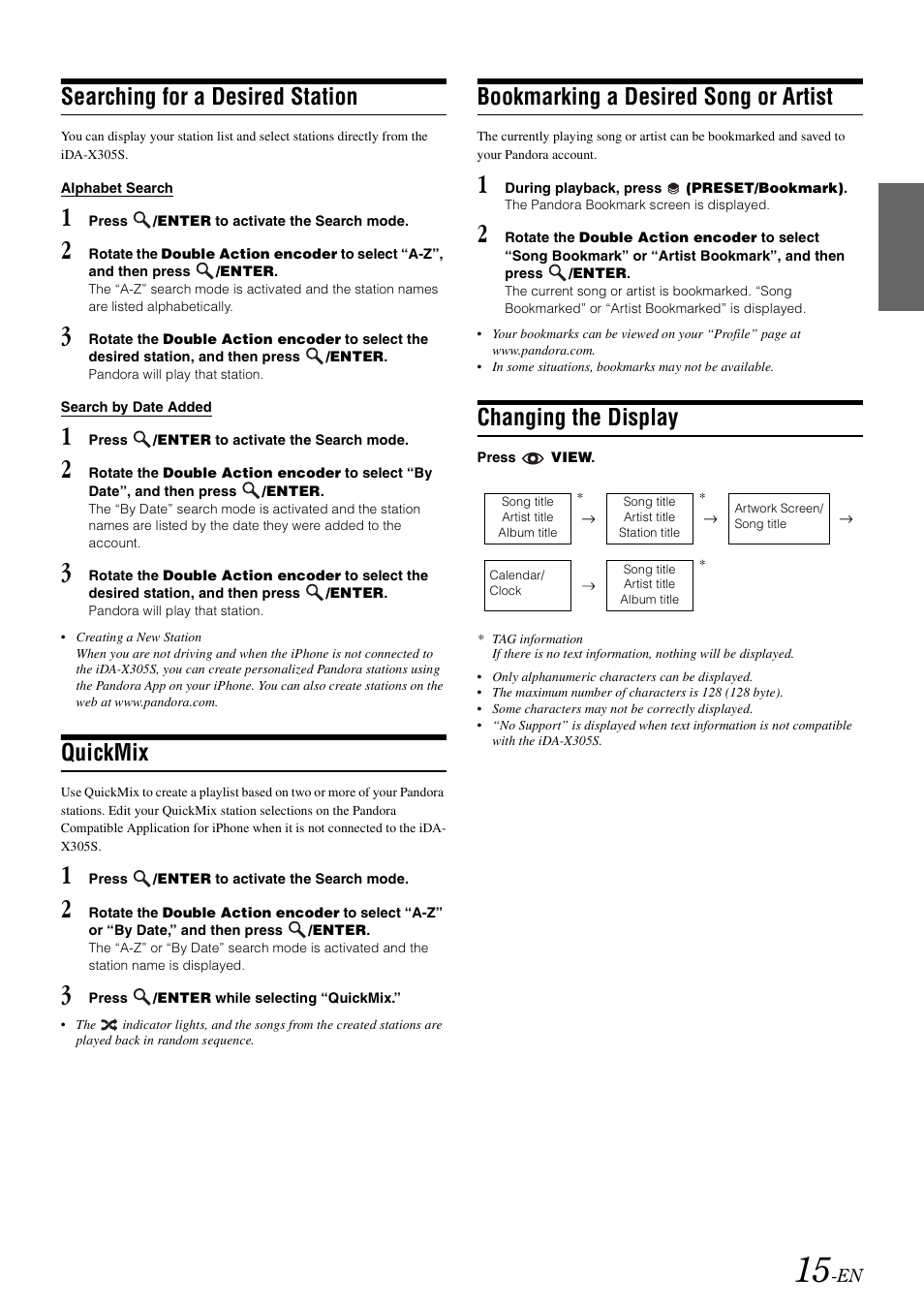 Searching for a desired station, Alphabet search, Search by date added | Quickmix, Bookmarking a desired song or artist, Changing the display, Alphabet search search by date added | Alpine iDA-X305S User Manual | Page 17 / 50