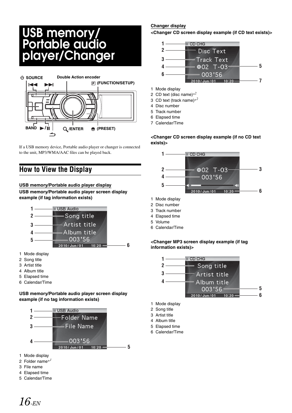 Usb memory/ portable audio player/changer, How to view the display, Usb memory/portable audio player | Changer | Alpine iDA-X305S User Manual | Page 18 / 50