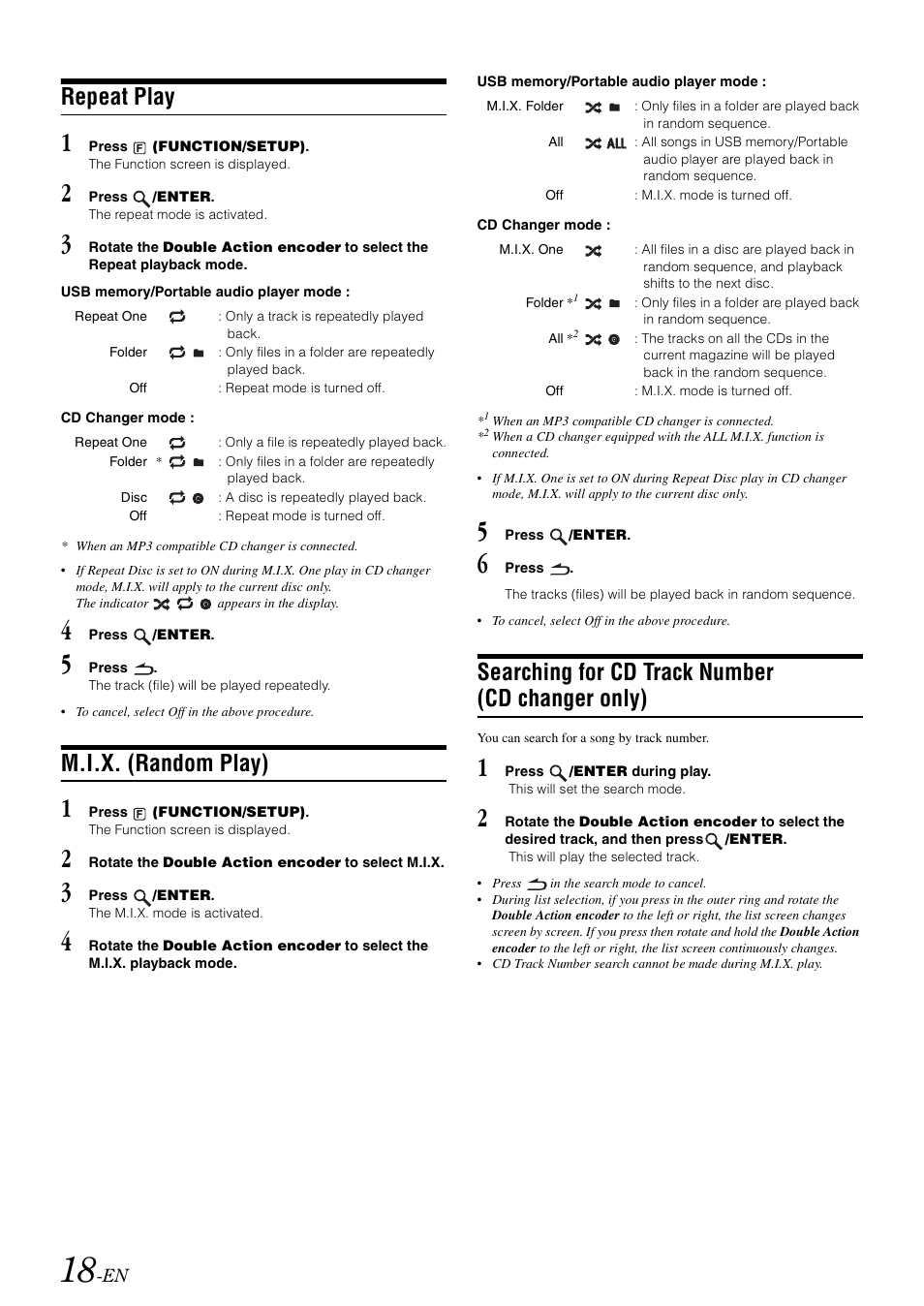 Repeat play, M.i.x. (random play), Searching for cd track number (cd changer only) | Searching for cd track number, Cd changer only) | Alpine iDA-X305S User Manual | Page 20 / 50