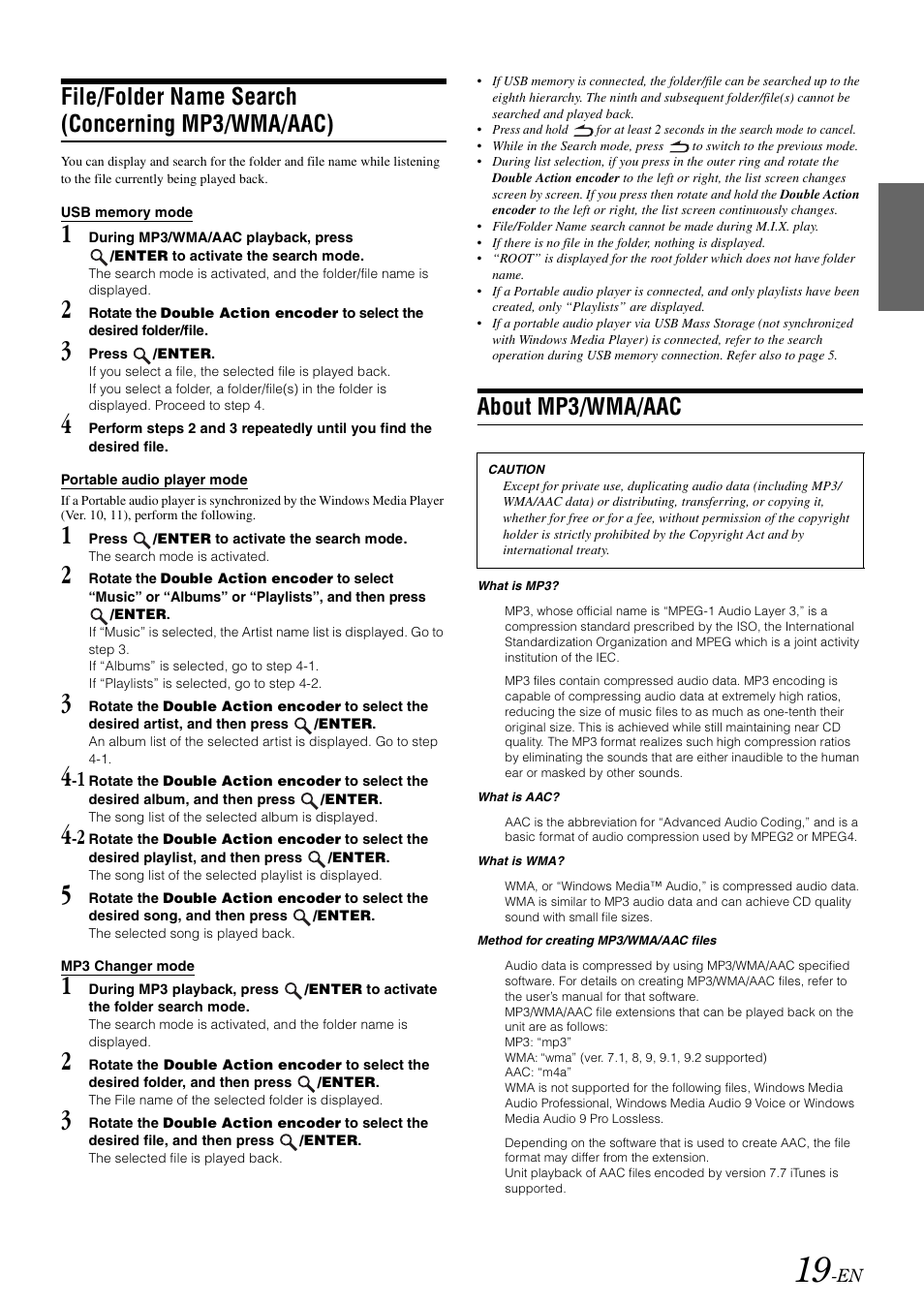 File/folder name search (concerning mp3/wma/aac), Usb memory mode, Portable audio player mode | Mp3 changer mode, About mp3/wma/aac, File/folder name search, Concerning mp3/wma/aac) | Alpine iDA-X305S User Manual | Page 21 / 50