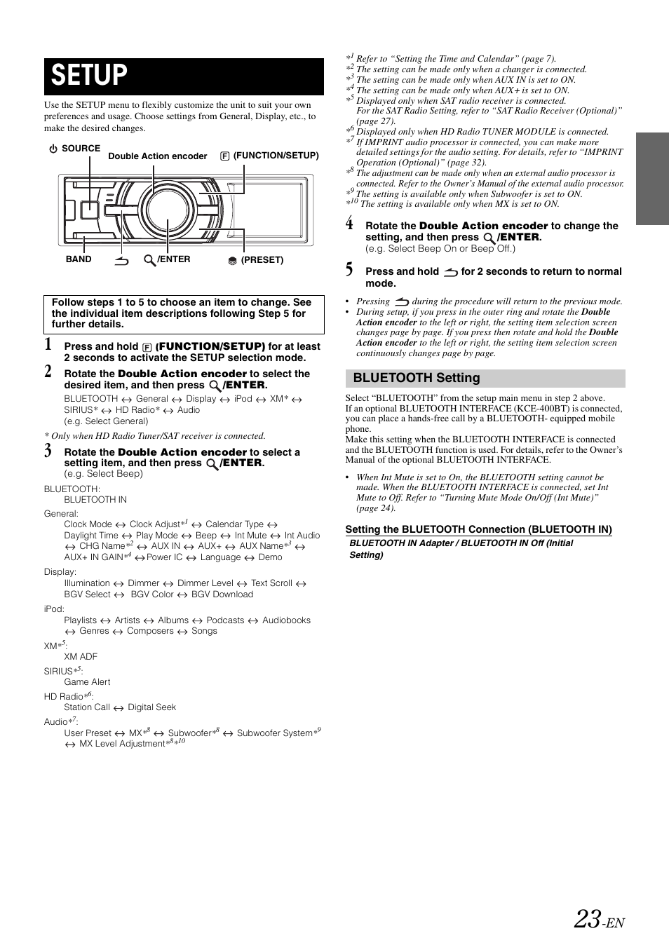 Setup, Bluetooth setting, Setting the bluetooth connection (bluetooth in) | Setting the bluetooth connection, Bluetooth in) | Alpine iDA-X305S User Manual | Page 25 / 50