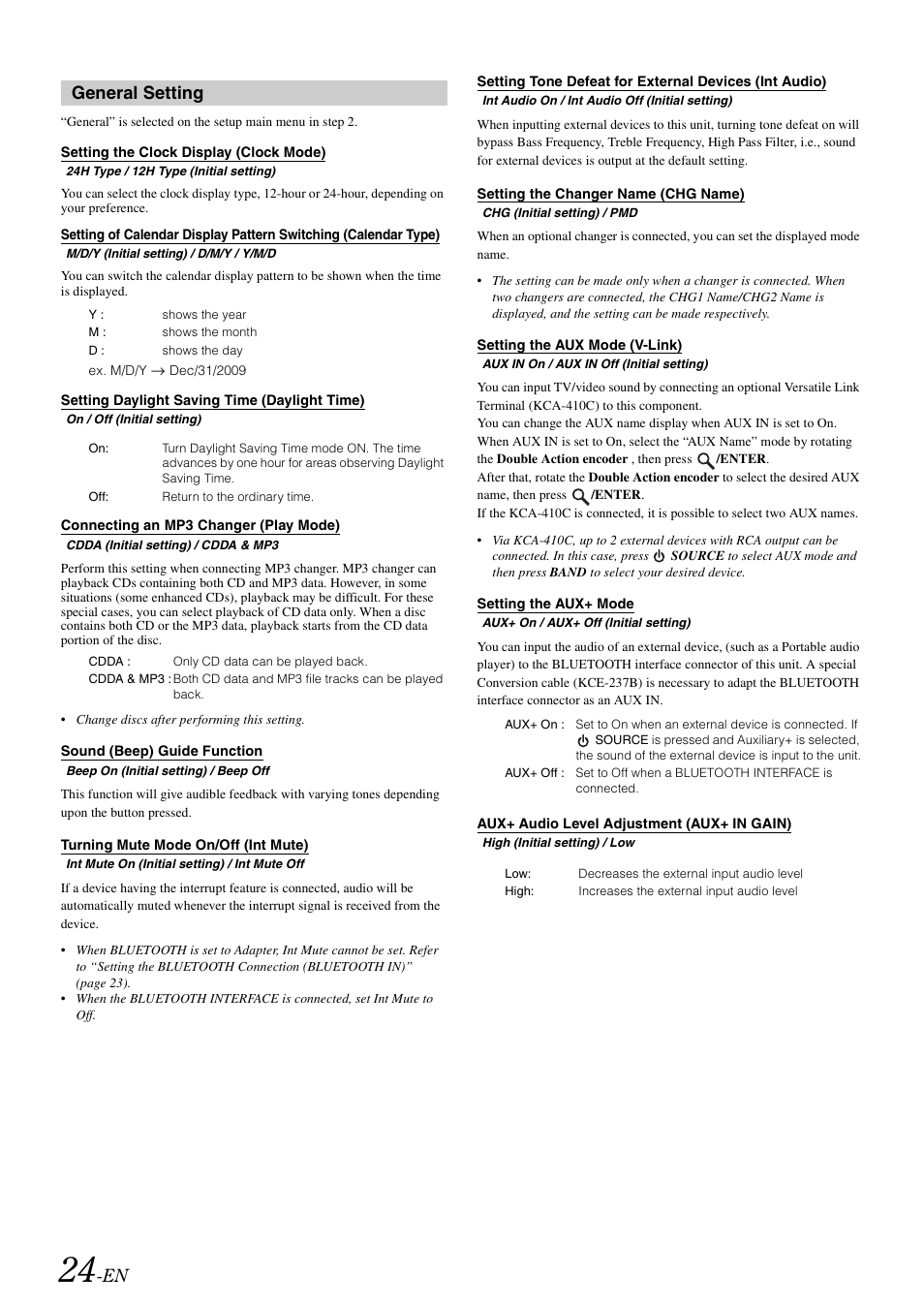 General setting, Setting the clock display (clock mode), Setting daylight saving time (daylight time) | Connecting an mp3 changer (play mode), Sound (beep) guide function, Turning mute mode on/off (int mute), Setting the changer name (chg name), Setting the aux mode (v-link), Setting the aux+ mode, Aux+ audio level adjustment (aux+ in gain) | Alpine iDA-X305S User Manual | Page 26 / 50