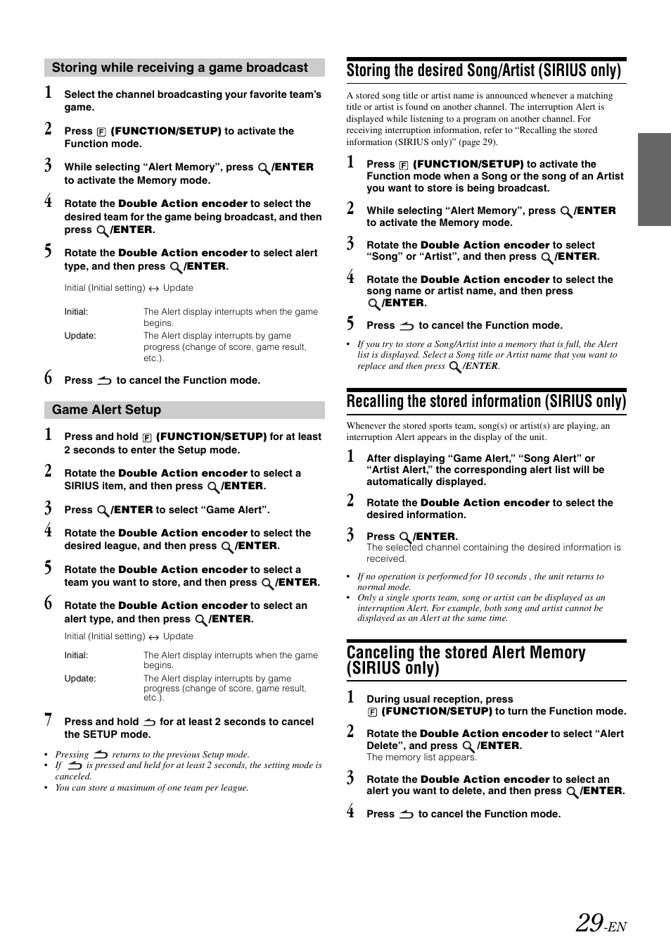 Storing while receiving a game broadcast, Game alert setup, Storing the desired song/artist (sirius only) | Recalling the stored information (sirius only), Canceling the stored alert memory (sirius only), Storing the desired song/artist, Sirius only), Recalling the stored information, Canceling the stored alert memory | Alpine iDA-X305S User Manual | Page 31 / 50