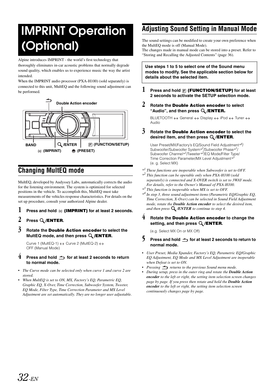 Imprint operation (optional), Changing multeq mode, Adjusting sound setting in manual mode | Alpine iDA-X305S User Manual | Page 34 / 50