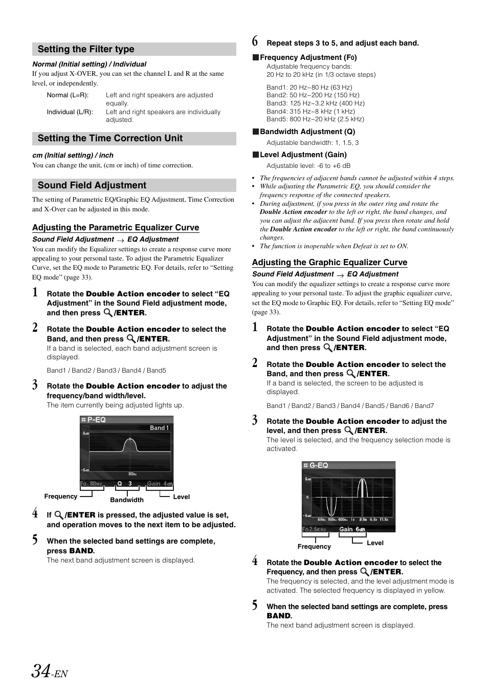 Setting the filter type, Setting the time correction unit, Sound field adjustment | Adjusting the parametric equalizer curve, Adjusting the graphic equalizer curve | Alpine iDA-X305S User Manual | Page 36 / 50