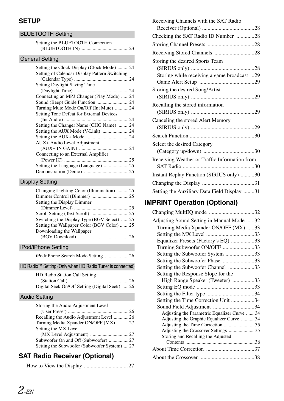 Setup, Sat radio receiver (optional), Imprint operation (optional) | Alpine iDA-X305S User Manual | Page 4 / 50