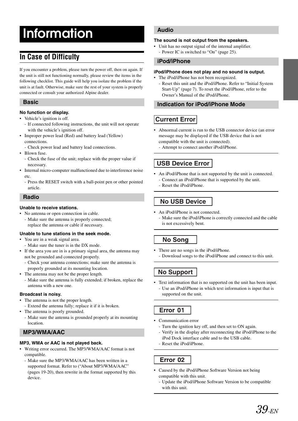 Information, In case of difficulty | Alpine iDA-X305S User Manual | Page 41 / 50