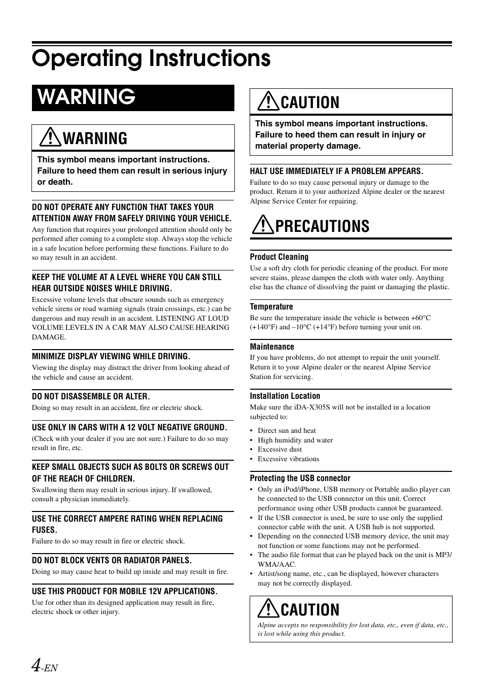 Operating instructions, Warning, Caution | Precautions | Alpine iDA-X305S User Manual | Page 6 / 50