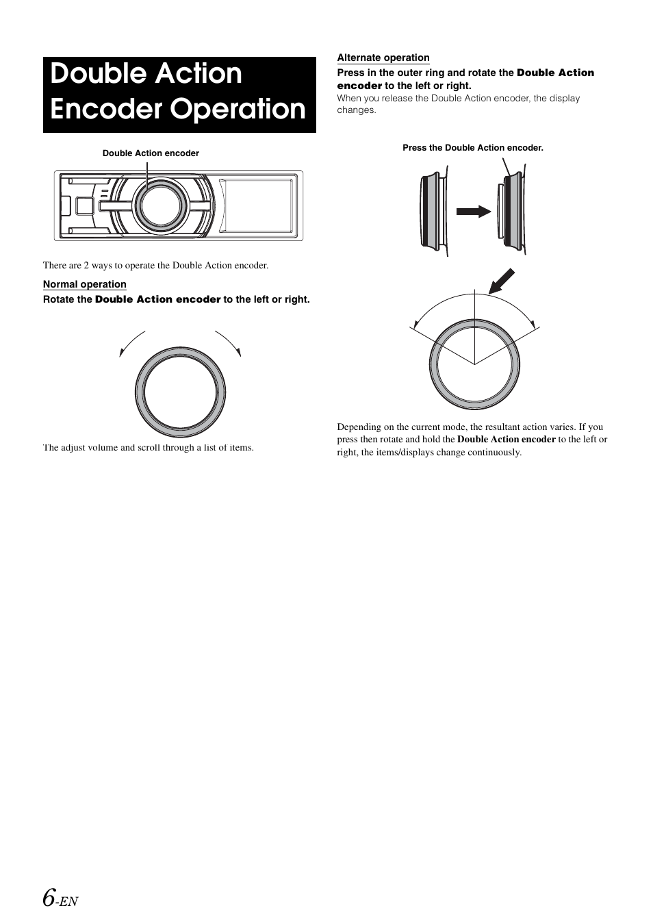 Double action encoder operation, Normal operation, Alternate operation | Normal operation alternate operation | Alpine iDA-X305S User Manual | Page 8 / 50