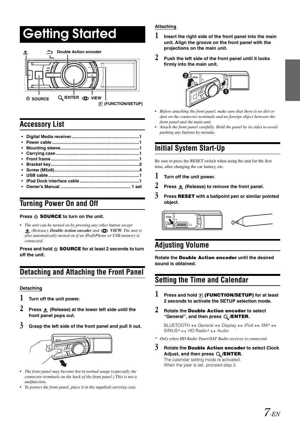 Getting started, Accessory list, Turning power on and off | Detaching and attaching the front panel, Initial system start-up, Adjusting volume, Setting the time and calendar | Alpine iDA-X305S User Manual | Page 9 / 50