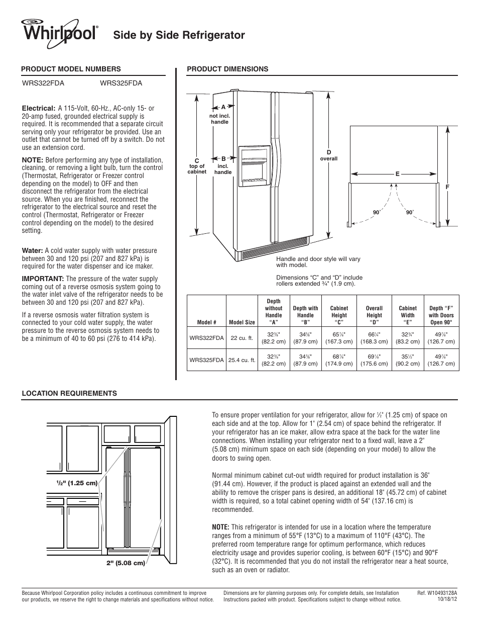 Whirlpool WRS322FDAM User Manual | 1 page