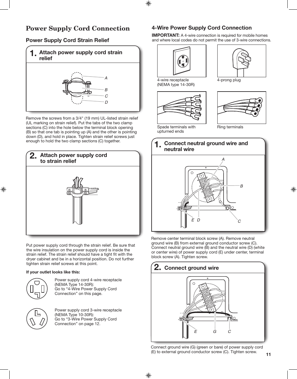 Power supply cord connection | Whirlpool LTE5243DQ User Manual | Page 11 / 24