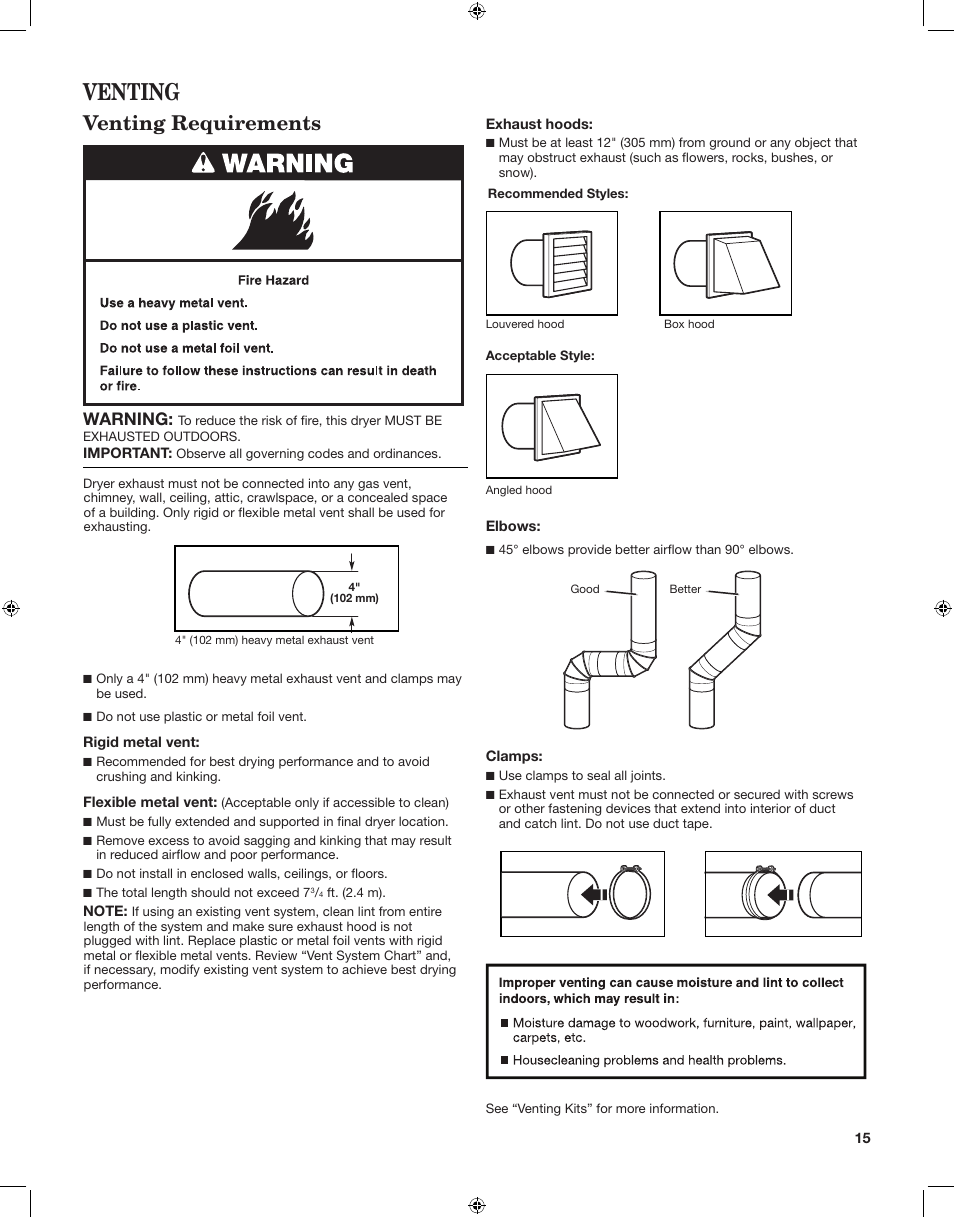 Venting, Venting requirements, Warning | Whirlpool LTE5243DQ User Manual | Page 15 / 24