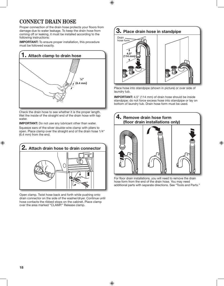 Connect drain hose | Whirlpool LTE5243DQ User Manual | Page 18 / 24