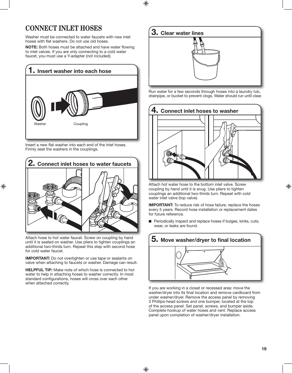 Connect inlet hoses | Whirlpool LTE5243DQ User Manual | Page 19 / 24